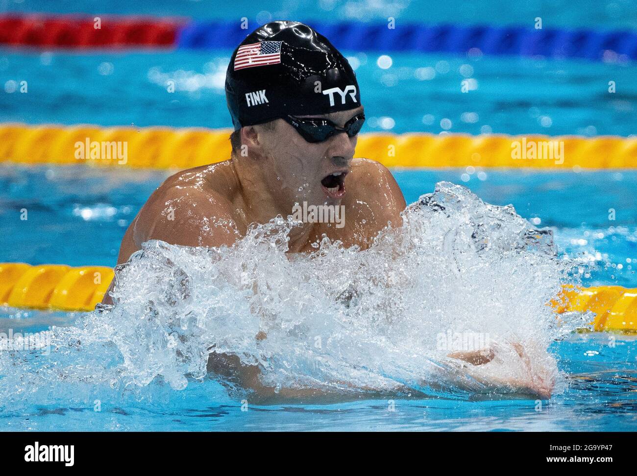 Tokyo, Kanto, Japon. 28 juillet 2021. NIC Fink (Etats-Unis) concourt dans la course semi-finale de 200 m de BreastStroke masculin lors des Jeux Olympiques de Tokyo 2020 au Tokyo Aquatics Center le mercredi 28 juillet 2021 à Tokyo. (Image de crédit : © Paul Kitagaki Jr./ZUMA Press Wire) Banque D'Images