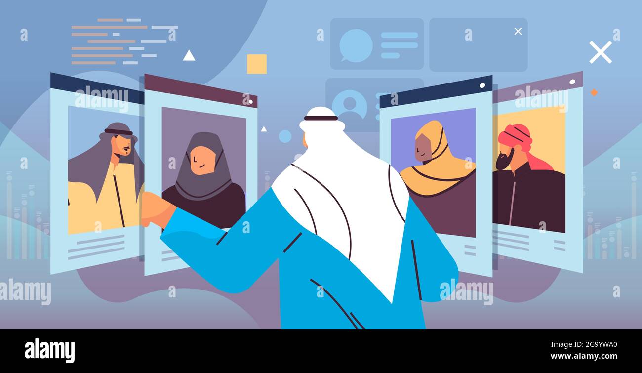le responsable des rh arabes choisit le curriculum vitae avec photo et informations personnelles des nouveaux employés candidats à l'emploi Illustration de Vecteur