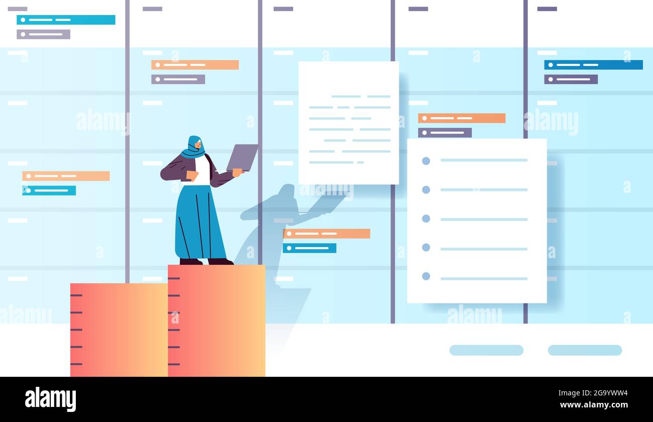 femme d'affaires arabe travaillant sur ordinateur portable planification d'entreprise multitâche concept de gestion du temps Illustration de Vecteur