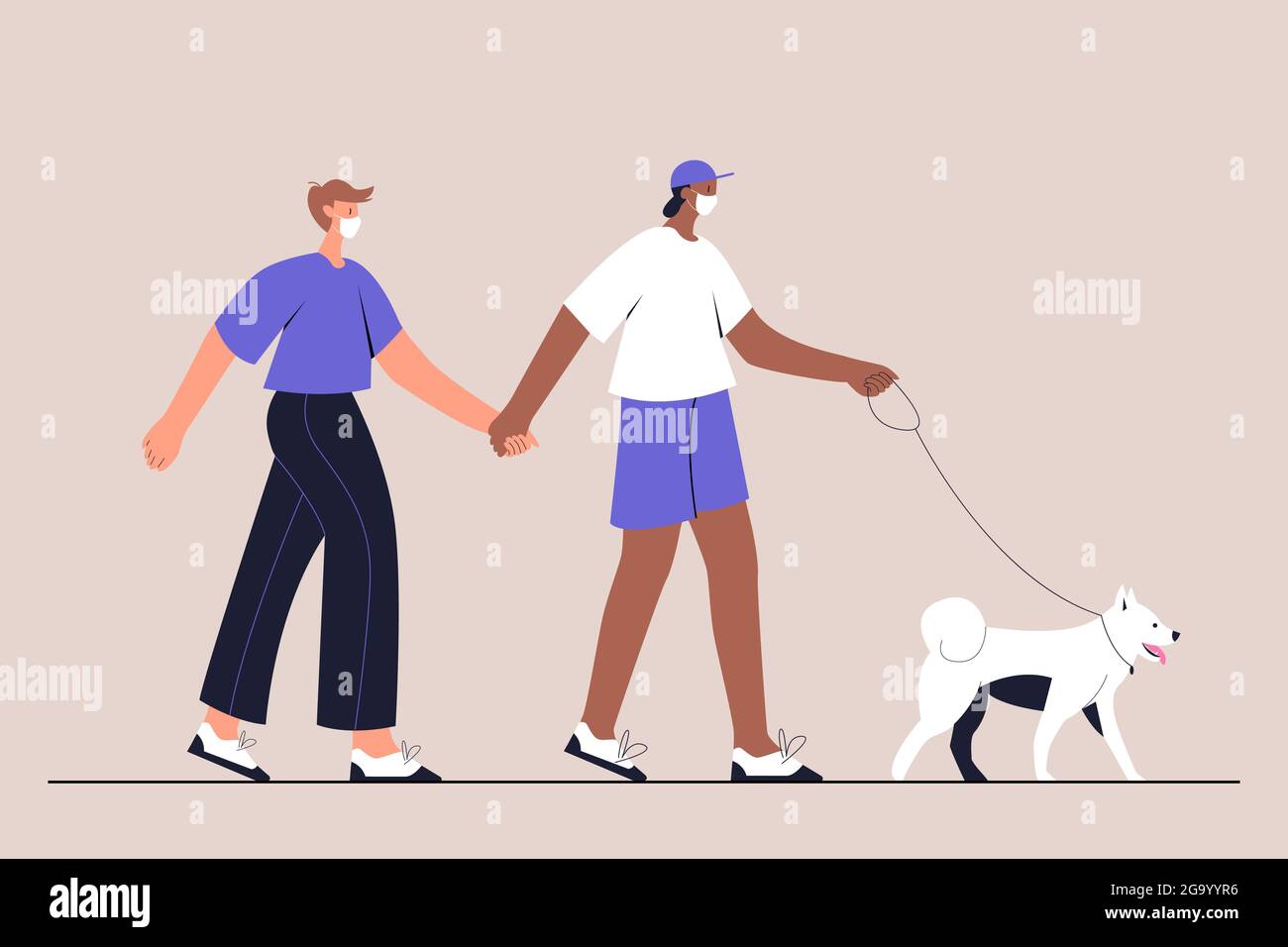 Couple interracial gay dans le masque médical de marche avec leur chien. Style de vie urbain après la quarantaine. Nouvelle normale. Illustration vectorielle de style plat activée Illustration de Vecteur