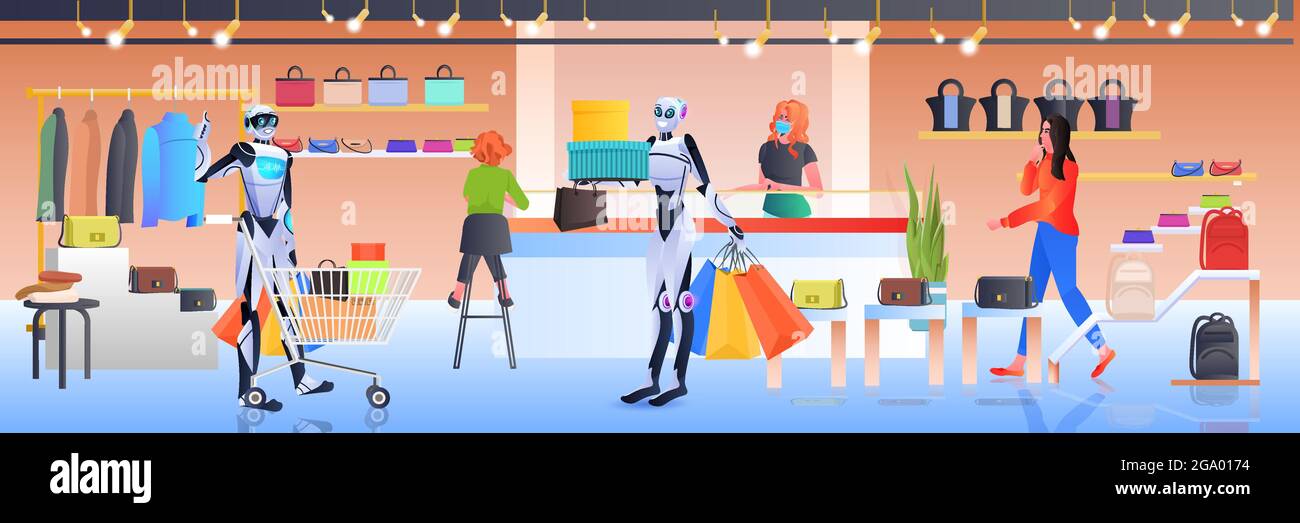 robot avec chariot marche avec achats intelligence artificielle technologie shopping à l'intérieur du centre commercial Illustration de Vecteur