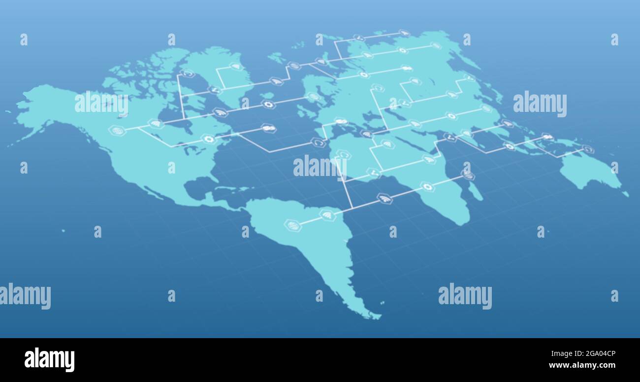 Carte du monde bleu avec réseau blanc croissant d'icônes connectées sur fond noir Banque D'Images