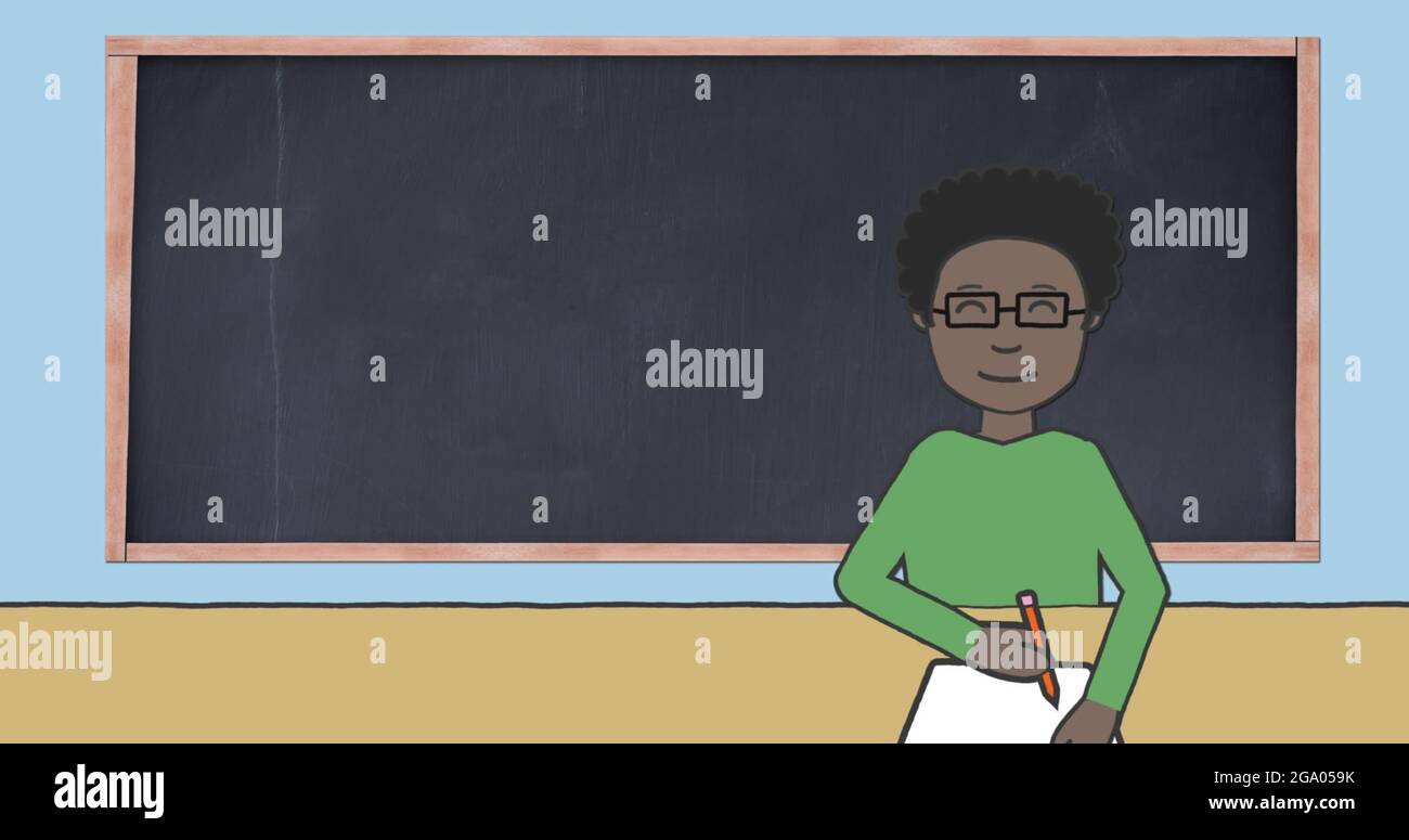 Image de chapeaux de remise de diplômes volant sur le tableau noir et l'écriture d'un garçon d'école sur fond bleu Banque D'Images