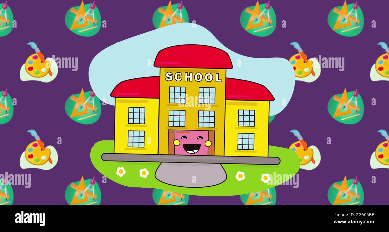 Icône du bâtiment de l'école sur fond violet Banque D'Images