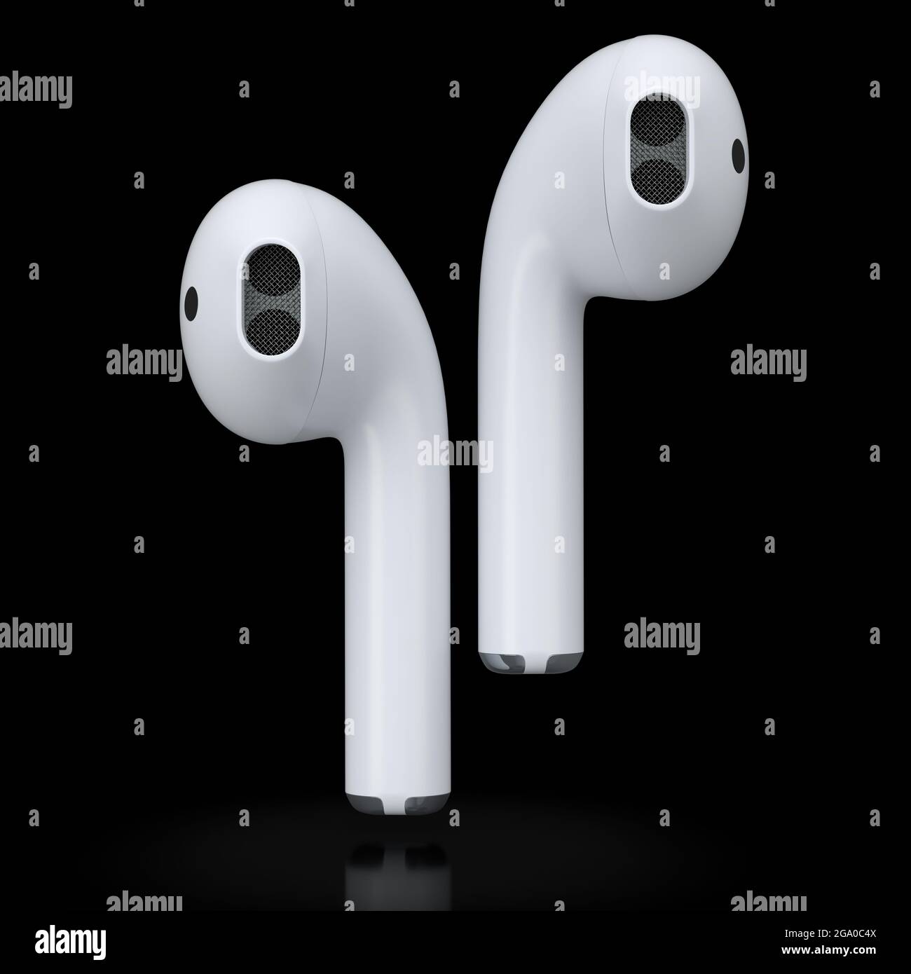 Casque blanc sans fil bluetooth isolé sur fond noir. Rendu 3D des accessoires pour écouter de la musique ou travailler à distance depuis la maison Banque D'Images Casque blanc sans fil bluetooth isolé sur fond noir. Rendu 3D des accessoires pour écouter de la musique ou travailler à distance depuis la maison Banque D'Images
