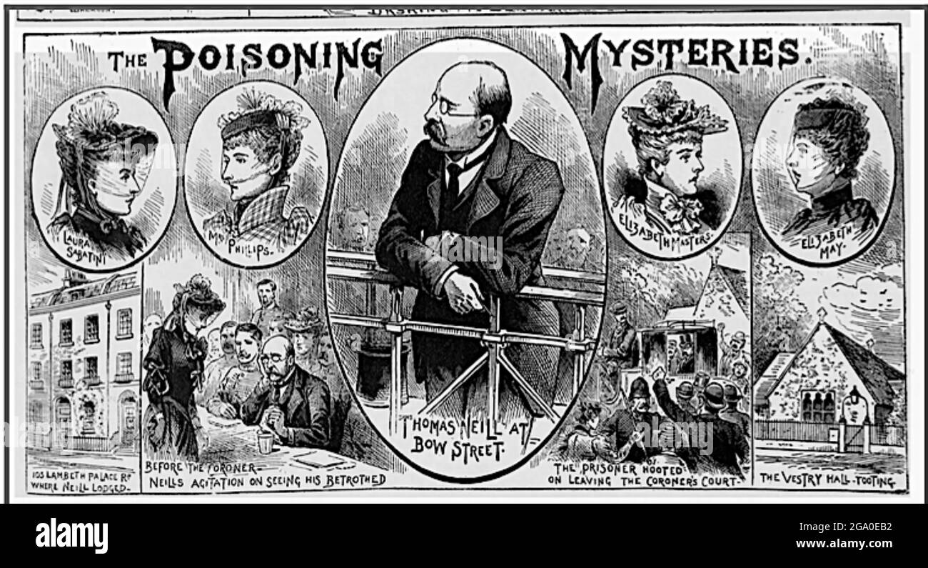 THOMAS NEILL CREAM (1850-1892) médecin écossais-canadien et tueur en série. Scènes d'audience du magazine Illustrated police News 9 juillet 1892 Banque D'Images