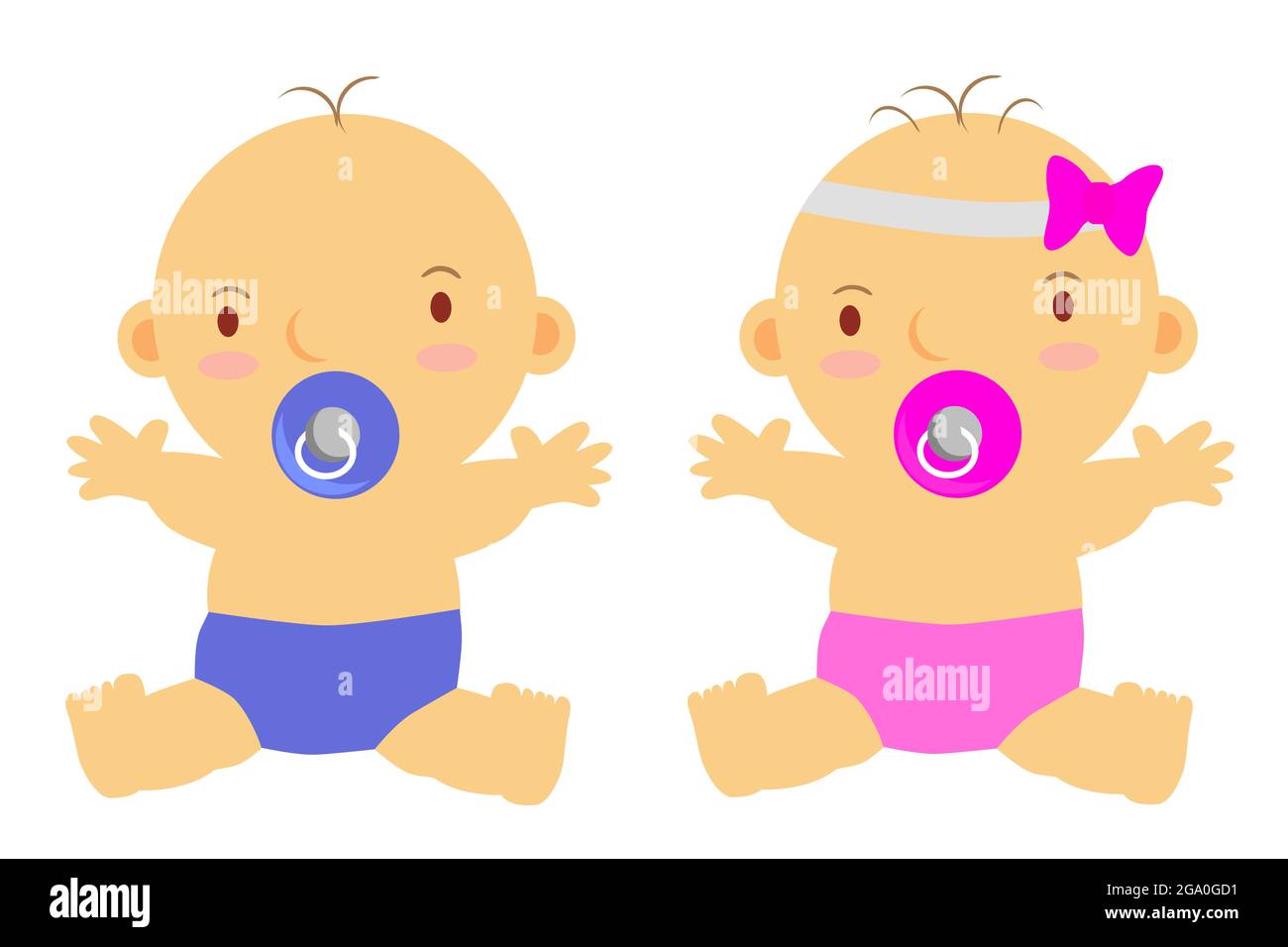 Vector assis bébé garçon et fille avec mamelon, isolé sur blanc Banque D'Images