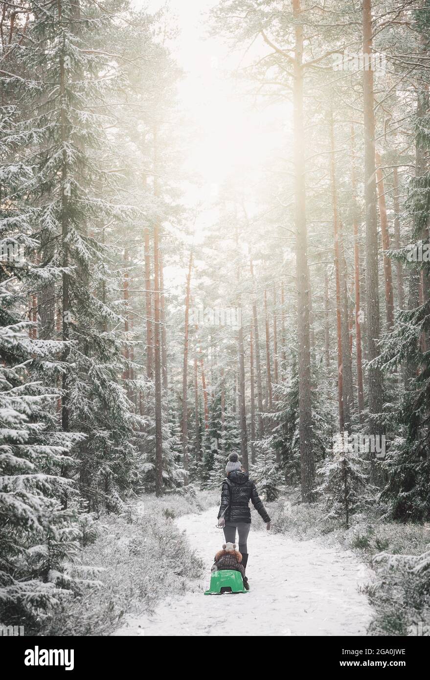 La mère et l'enfant marchent dans la belle nature d'hiver. Banque D'Images