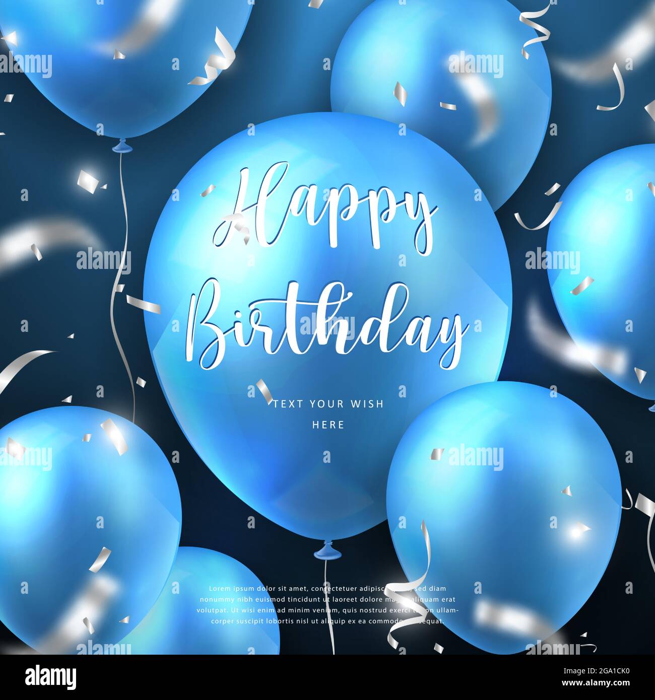 Élégant 3D réaliste ballon bleu or et poper de fête ruban argent Happy  Birthday carte de célébration modèle de bannière fond Image Vectorielle  Stock - Alamy