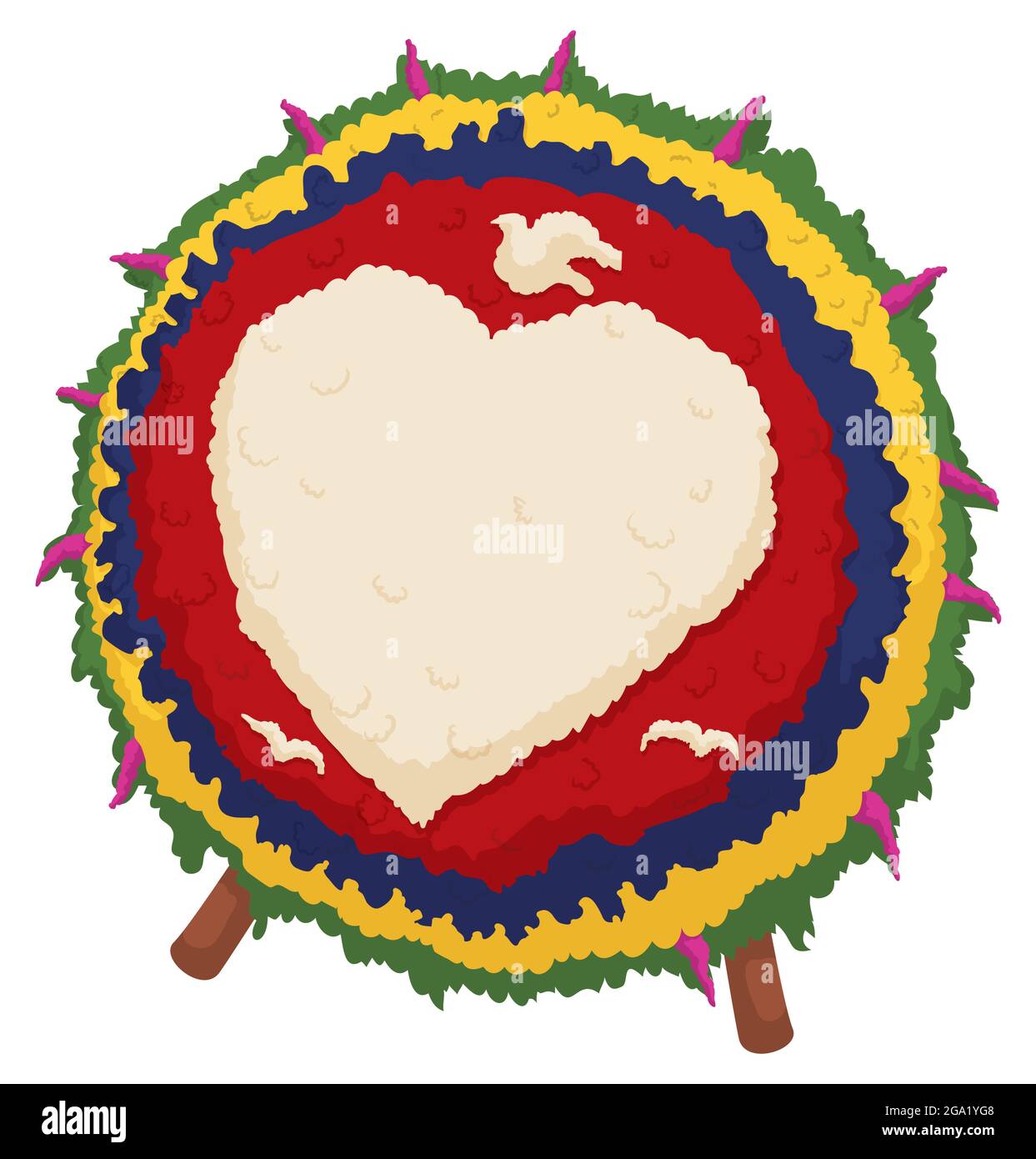 Silleta isolée reposant dans des pattes en bois, décorée d'un grand coeur, de colombes et de couleurs de drapeau colombiens favorisant l'amour et la paix pendant le Festival de F Illustration de Vecteur