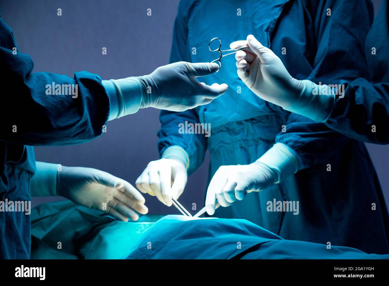 l'équipe médicale du médecin et de l'infirmière effectue une opération chirurgicale à la salle d'urgence de l'hôpital. l'assistant remet les ciseaux et les instruments aux chirurgiens Banque D'Images