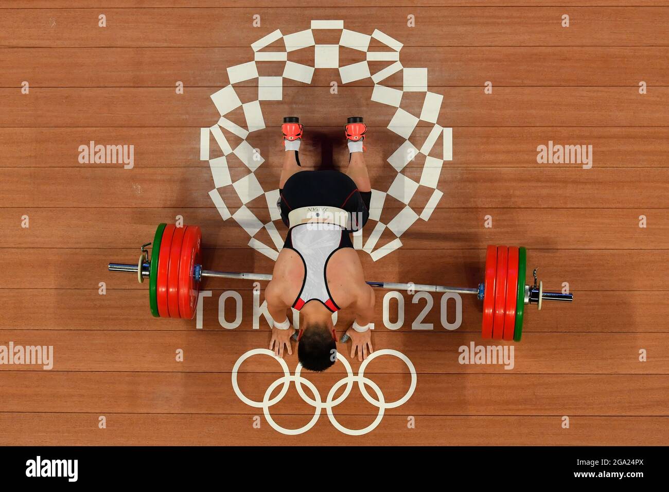 Tokyo, Japon. 28 juillet 2021. Miyamoto Masanori, du Japon, réagit lors de la finale masculine de MUSCULATION DE 73 KG aux Jeux Olympiques de Tokyo en 2020 à Tokyo, au Japon, le 28 juillet 2021. Credit: Xu Zijian/Xinhua/Alamy Live News Banque D'Images