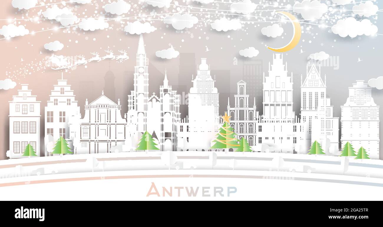 Antwerp Belgium City Skyline en papier coupé avec flocons de neige, Lune et Neon Garland. Illustration vectorielle. Concept Noël et nouvel an. Illustration de Vecteur