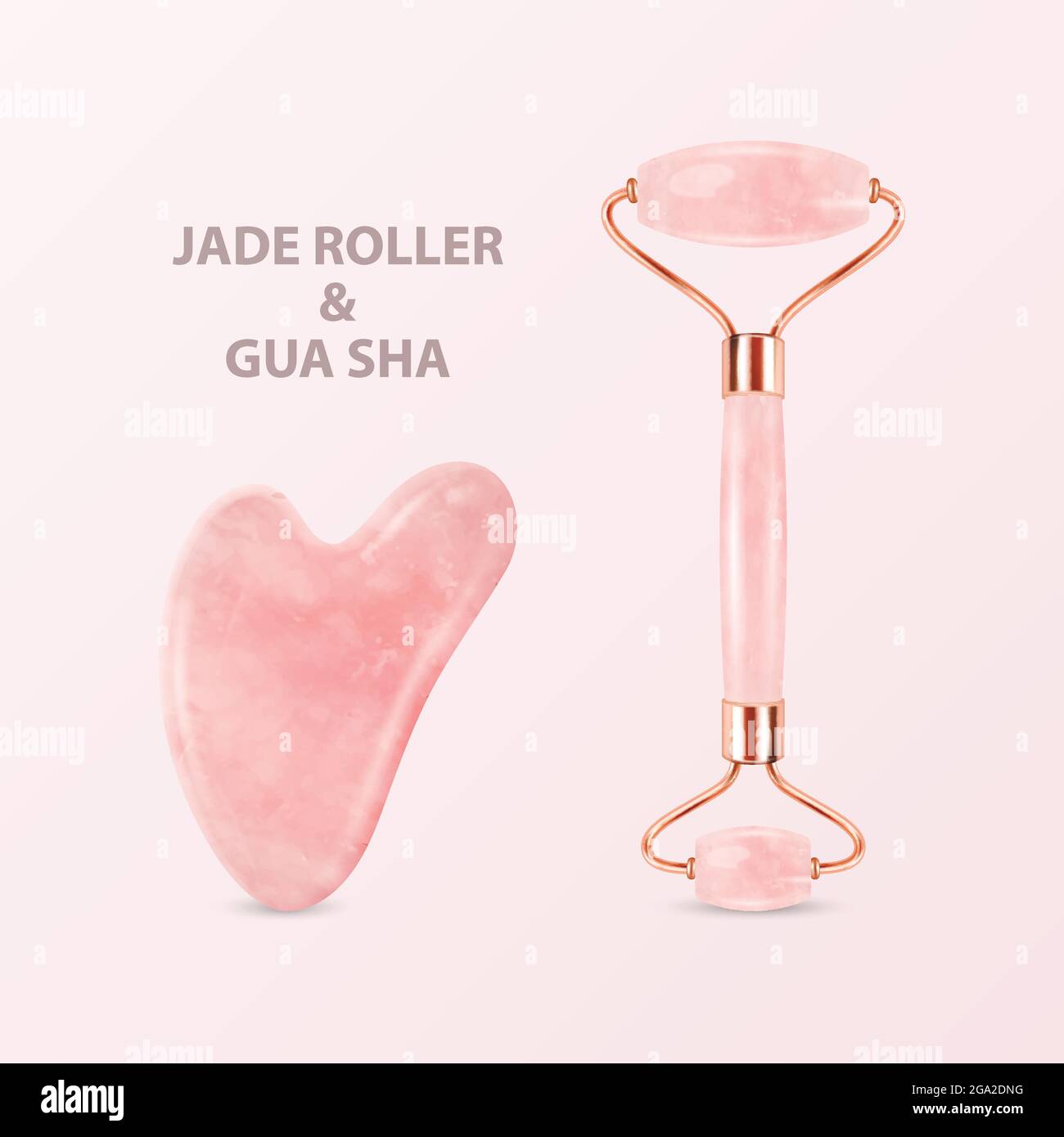 Vector 3d Realistic Jade Roller, Gua Sha Scraping massage Tool Set. Grattoir en pierre à quartz rose naturel, masseur. Visage traditionnel chinois Illustration de Vecteur