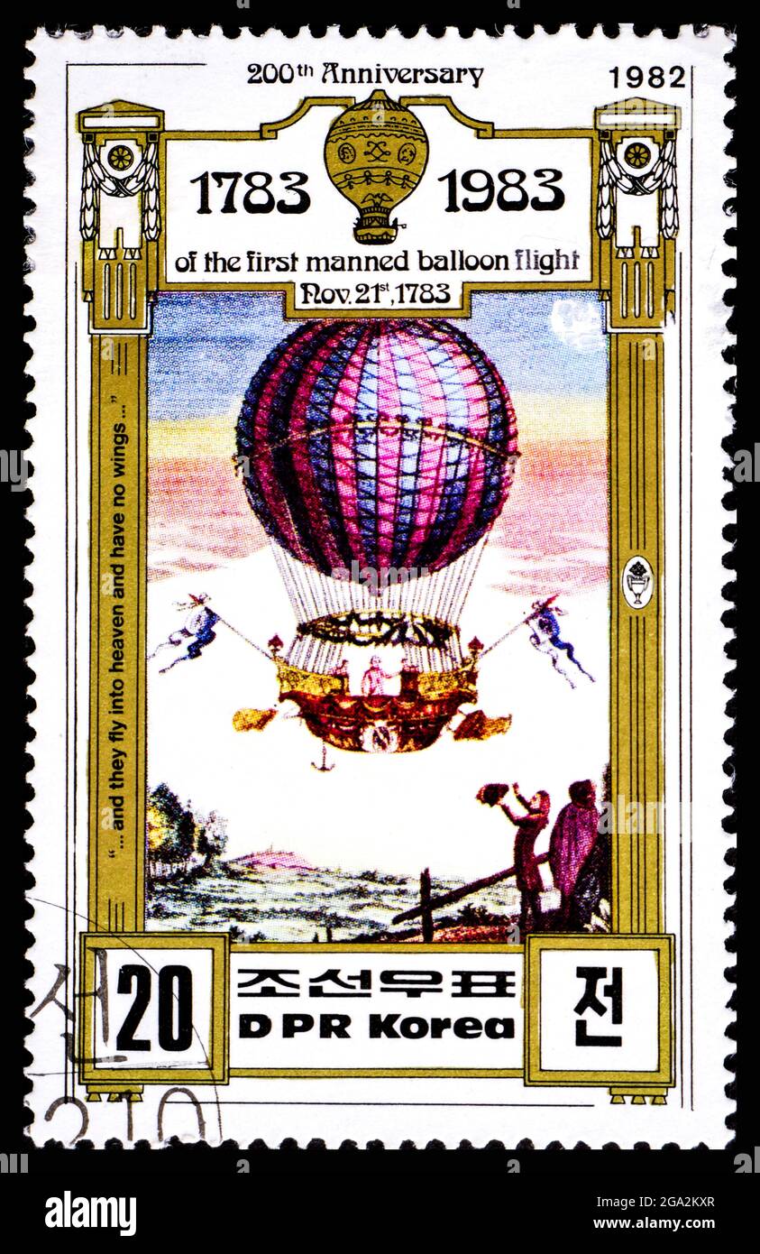 RPD, CORÉE - VERS 1982: Timbre-poste de la Corée montrant le 200e anniversaire du premier vol en montgolfière Banque D'Images