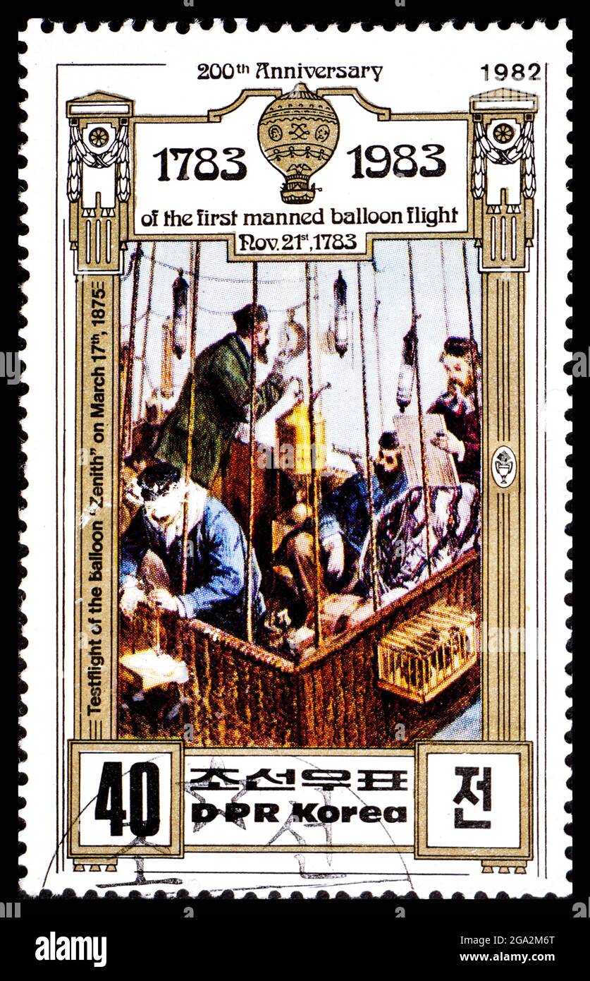 DPR, CORÉE - VERS 1982: Timbre-poste de la Corée montrant le vol d'essai du ballon Zenith à 1875 Banque D'Images