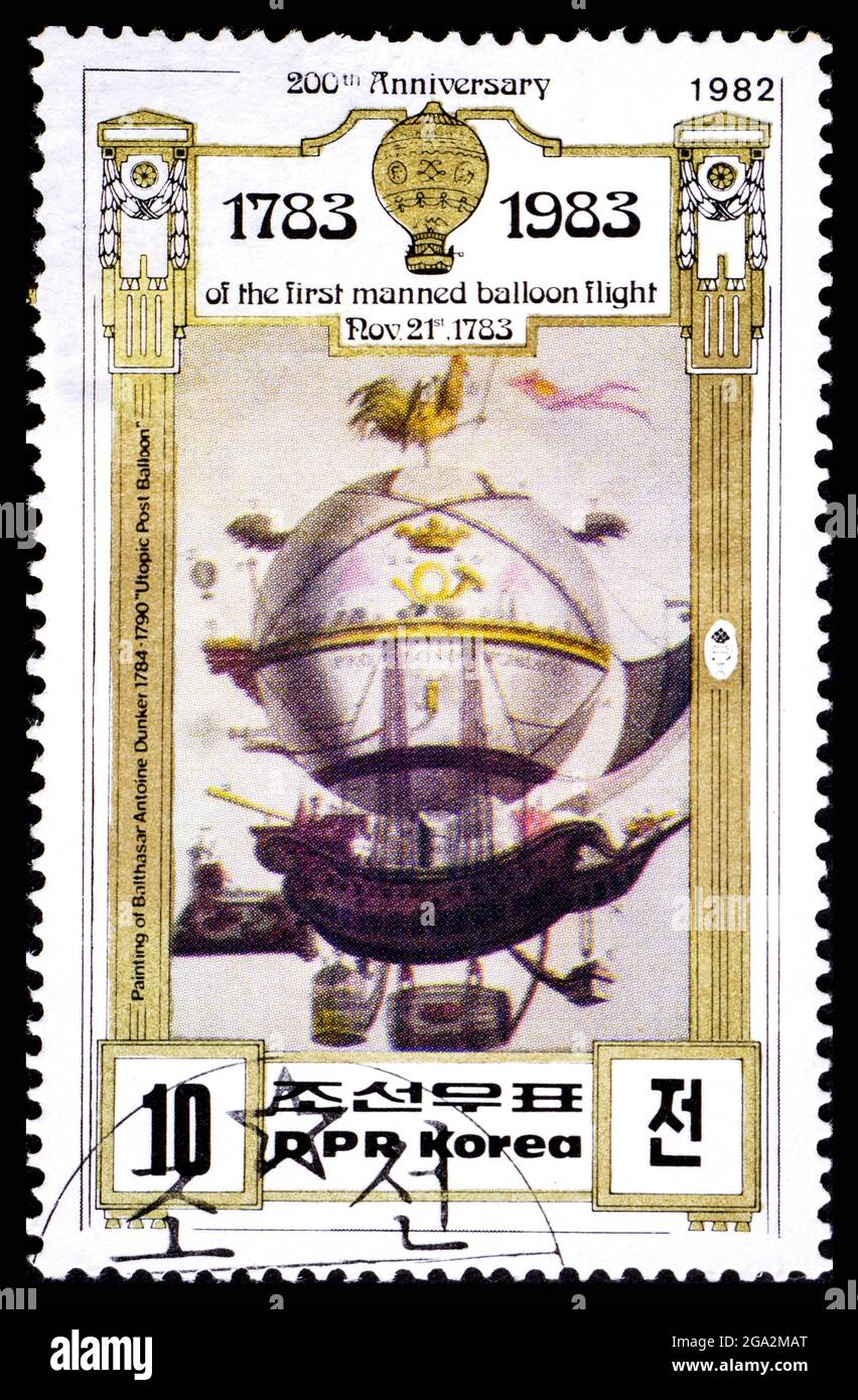 DPR, CORÉE - VERS 1982: Timbre-poste de la Corée montrant le vol en montgolfière de Balthasar Anton Dunker Banque D'Images
