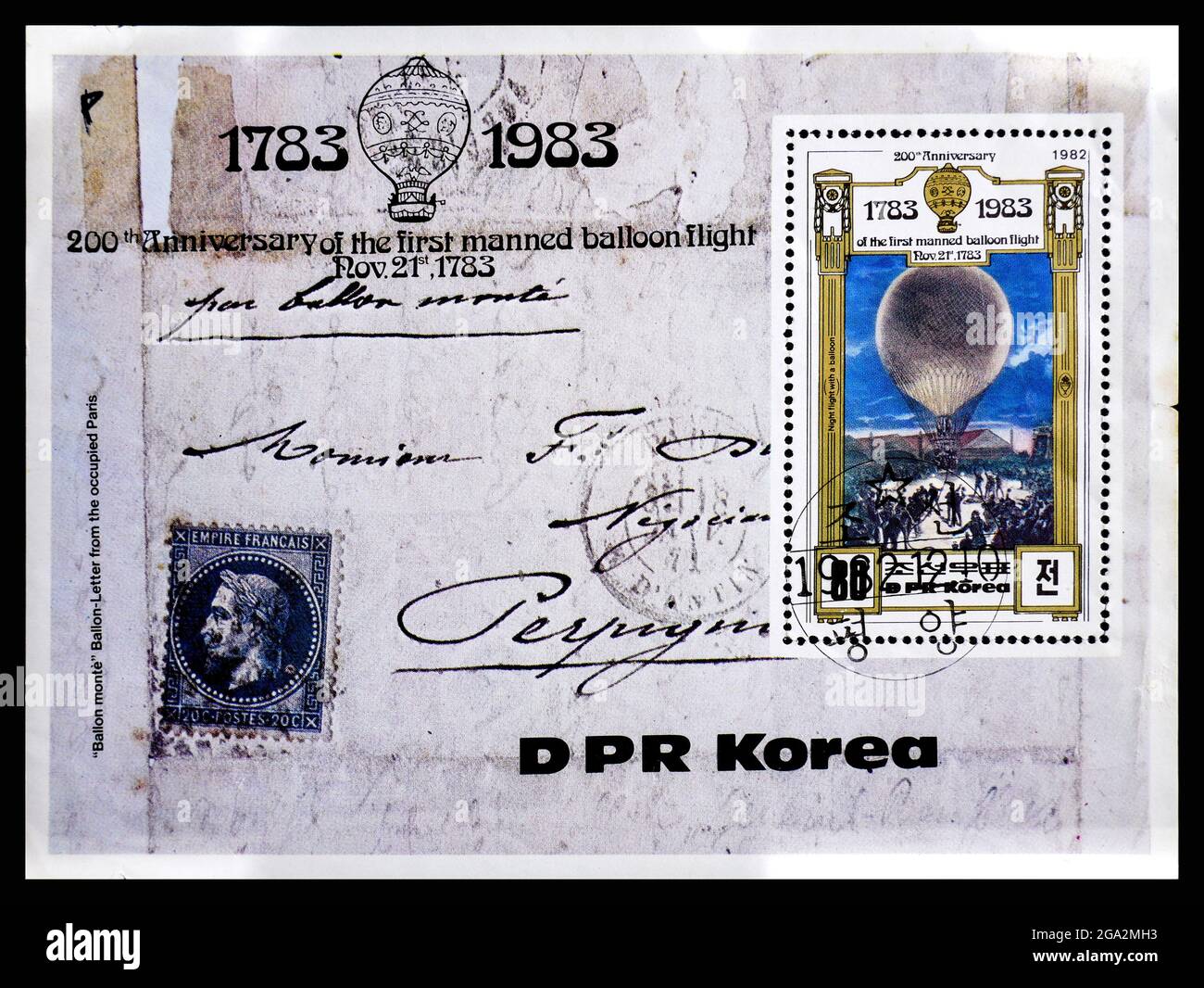 RPD, CORÉE - VERS 1982: Timbre-poste de la Corée montrant le 200e anniversaire du premier vol en montgolfière Banque D'Images