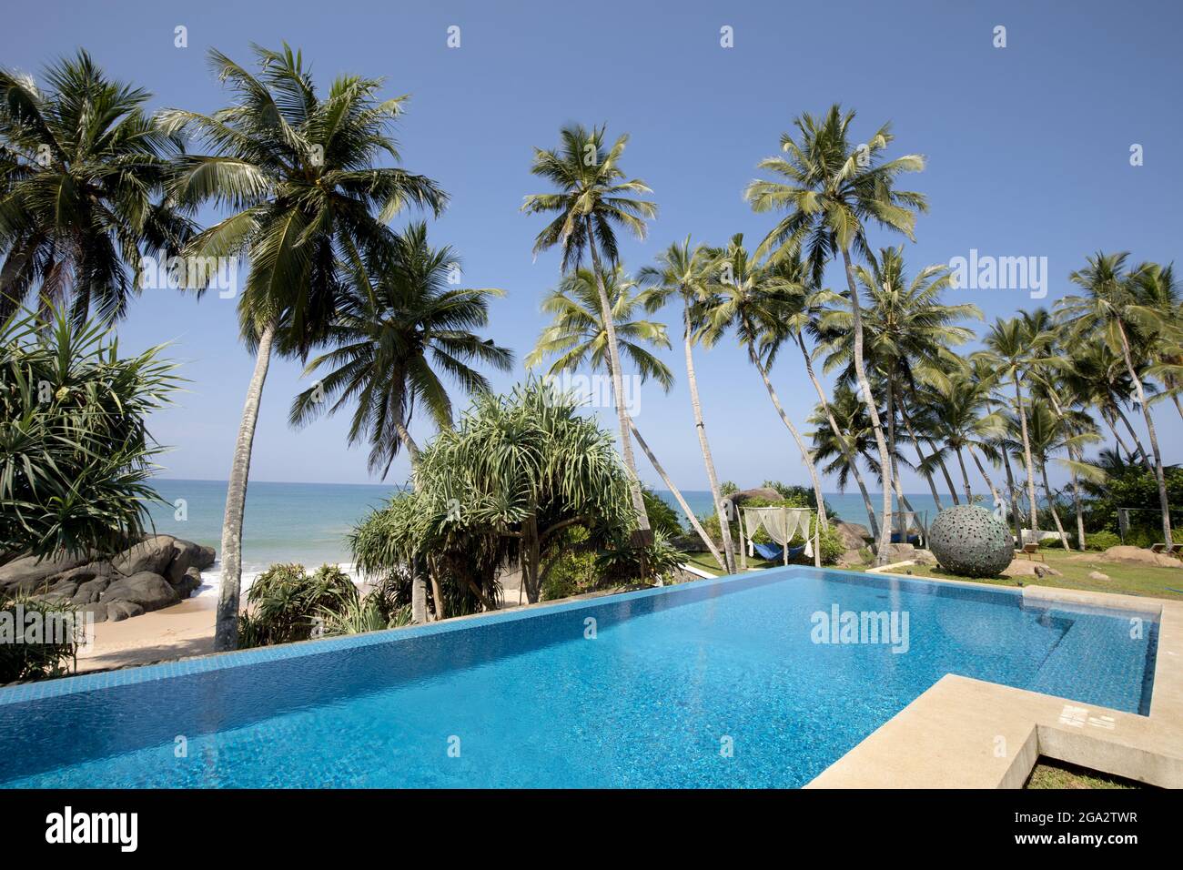 Piscine entourée de palmiers (Arecaceae) à Kuma Beach, Teardrop Boutique Hotel près de Balapitiya avec la plage et l'océan Indien... Banque D'Images