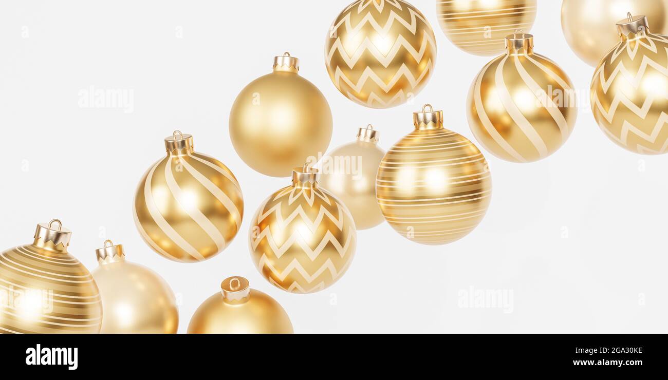 Arrière-plan de la bannière de Noël ou du nouvel an avec des boules dorées ou des ornements, rendu 3d Banque D'Images