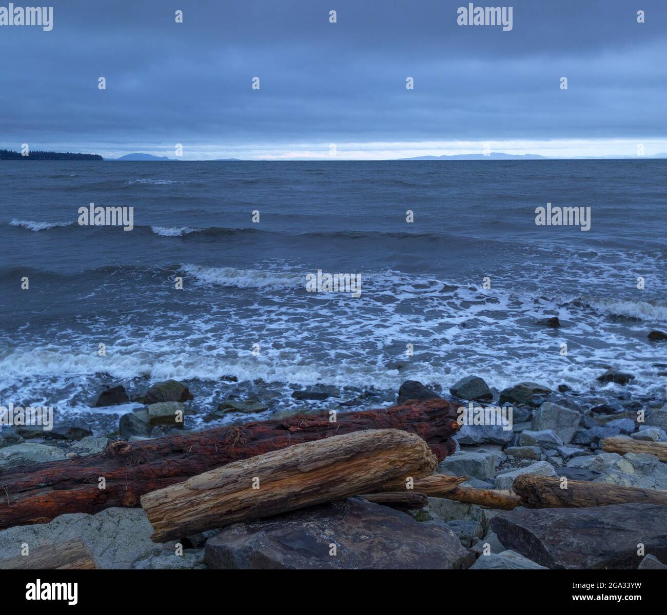 Tôt le matin, vue sur l'océan depuis la côte de White Rock, en Colombie-Britannique, avec du bois flotté et des rochers sur la rive; White Rock, en Colombie-Britannique, au Canada Banque D'Images