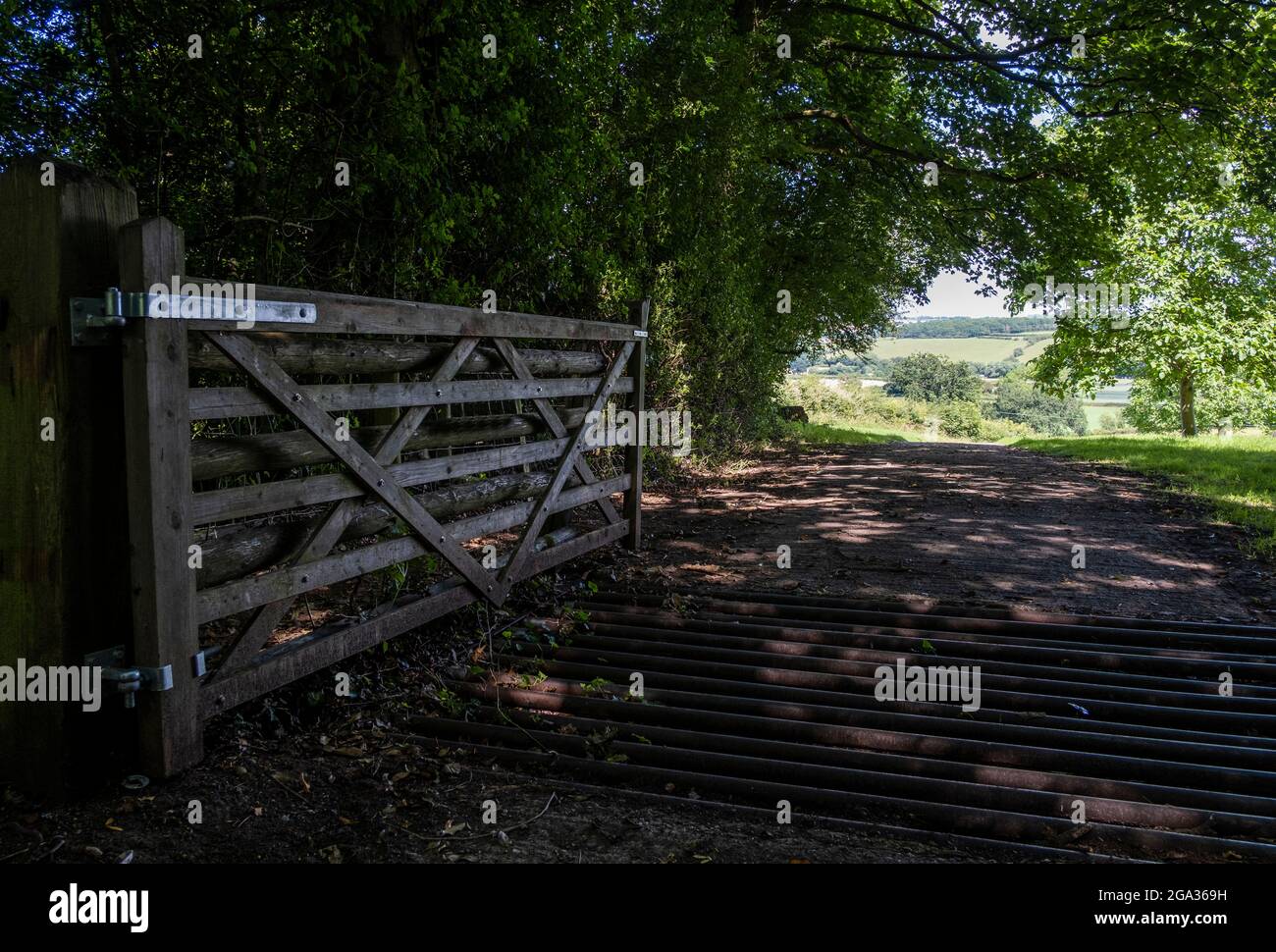 Une porte de ferme est ouverte à l'ombre des arbres suspendus sur les terres agricoles du Worcestershire, en Angleterre. Banque D'Images