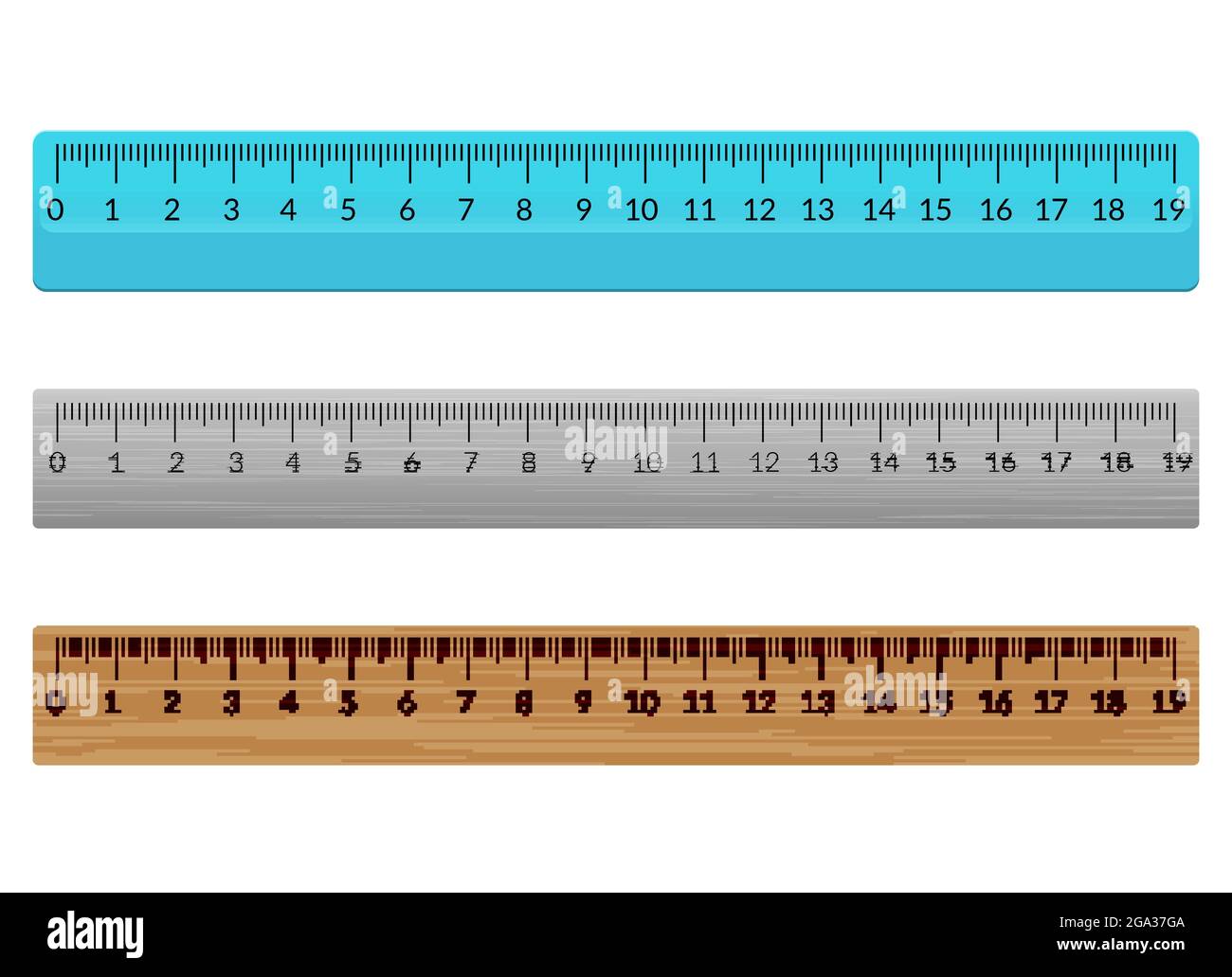Mètre plat d'école de règle. Règle graduée en pouces millimètre plastique en bois illustration isolée Illustration de Vecteur
