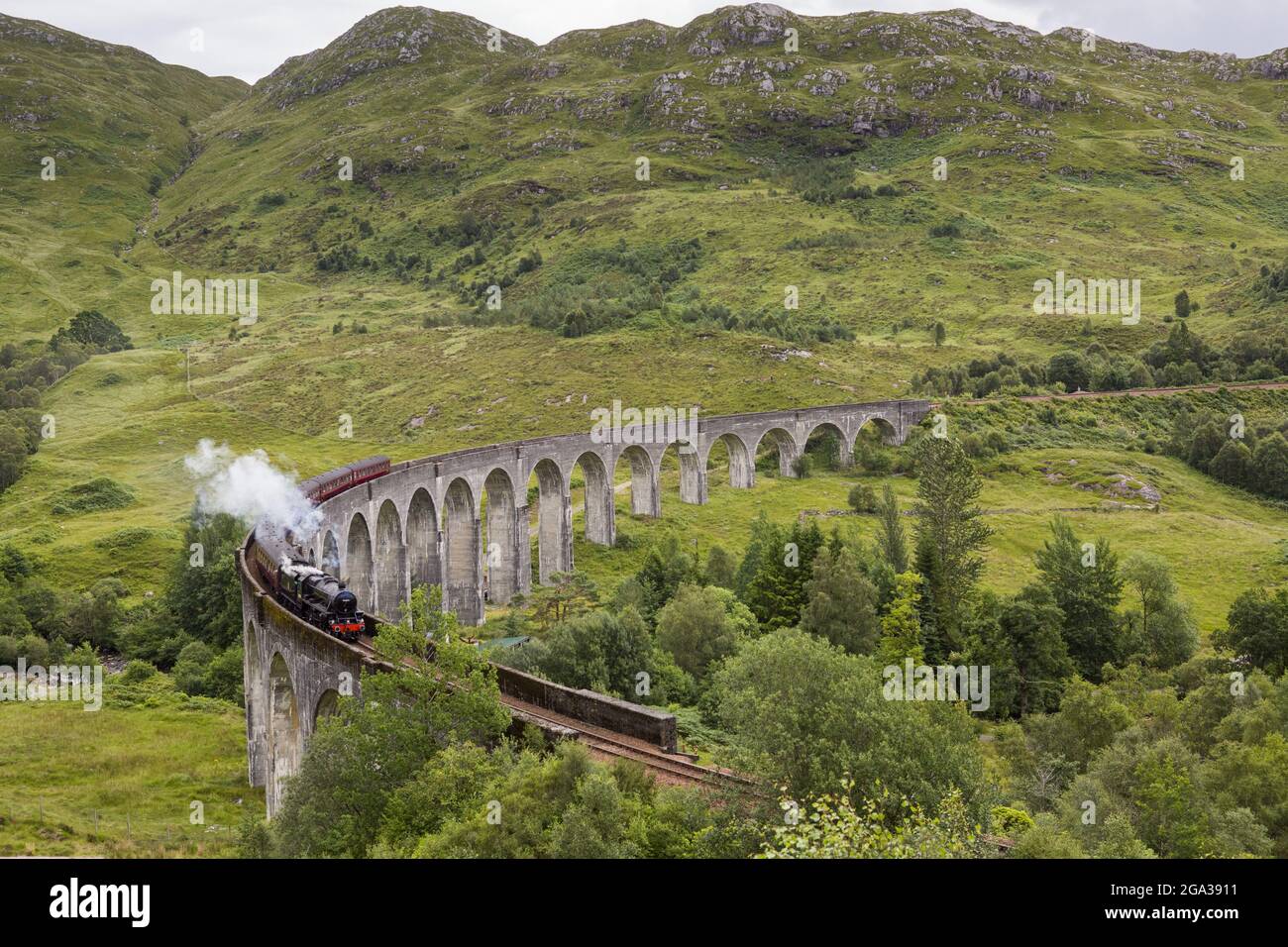 Le train Jacobite, rendu célèbre par les films Harry Potter, passe au-dessus du viaduc de Glenfinnan à Glenfinnan, en Écosse Banque D'Images