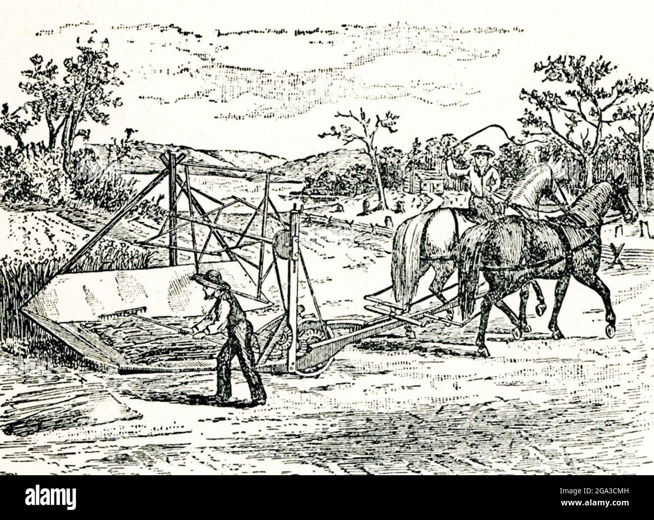 Cyrus McCormick de Virginie a été le fondateur de la McCormick Harvesting machine Company. McCormick construit sur les dessins de son père et est reconnu comme l'inventeur de la couche mécanique. Sa machine, la première photo ici, a été tirée par des chevaux et a coupé le grain d'un côté. L'une des premières expositions publiques de sa couche a été en 1831, mais il a reçu un brevet pour sa machine en 1834. Banque D'Images