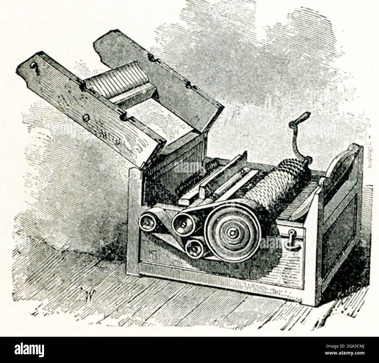 Première Gin de coton de Whitney. L'inventeur américain Eli Whitney (1765-1825) est surtout connu pour son invention du gin de coton, qu'il a créé en 1893 et breveté en 1894. Il sépare rapidement et facilement les fibres de coton de leurs graines, une tâche qui avait été faite à la main et qui avait pris beaucoup de temps Banque D'Images