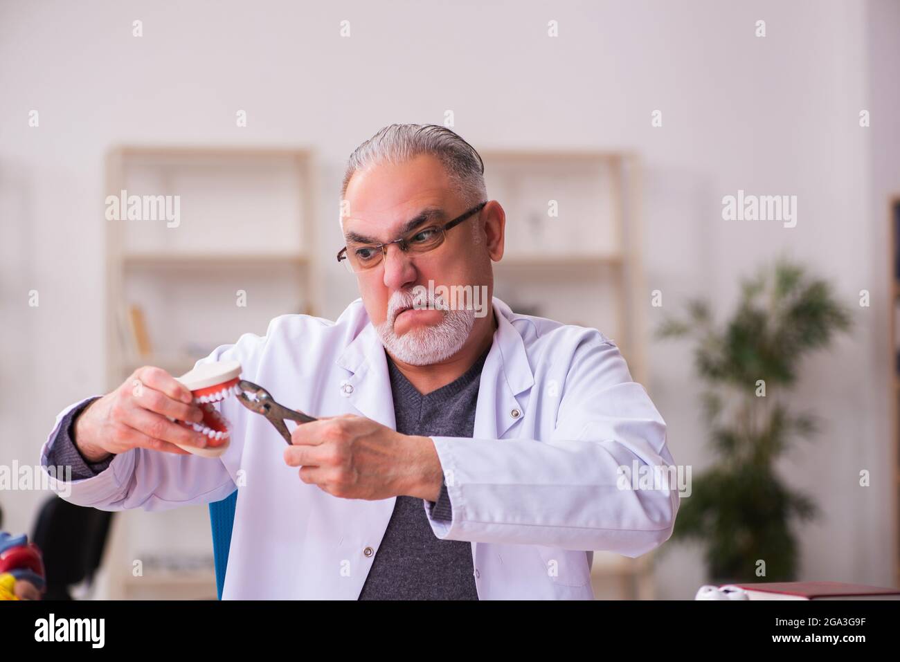 Ancien professeur de dentiste assis dans la salle de classe Banque D'Images