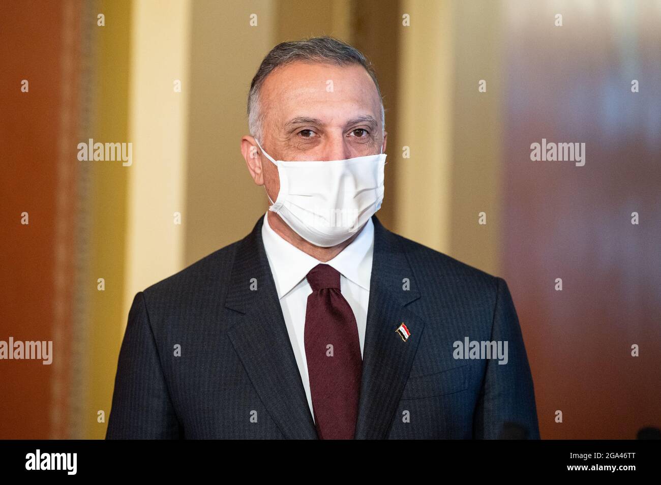 Washington, États-Unis. 28 juillet 2021. Mustafa Al-Kadhimi, Premier ministre de la République d'Iraq, vu à l'occasion d'une séance photo avec le Président de la Chambre. Crédit : SOPA Images Limited/Alamy Live News Banque D'Images