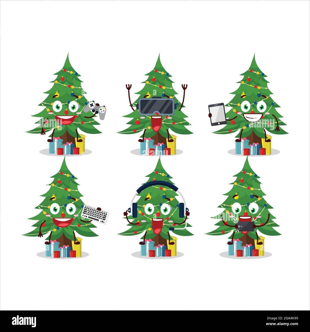 Arbre de Noël avec personnage de dessin animé de boîte-cadeau jouent à des jeux avec diverses émoticônes mignons. Illustration vectorielle Illustration de Vecteur
