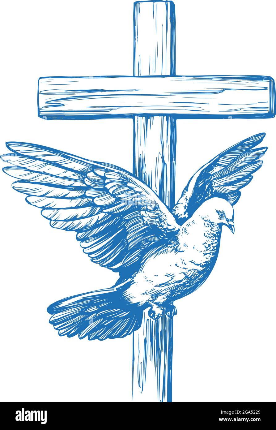 Joyeuses pâques, croix et colombe, Pâques. Symbole du christianisme dessin d'illustration vectorielle à la main. Illustration de Vecteur