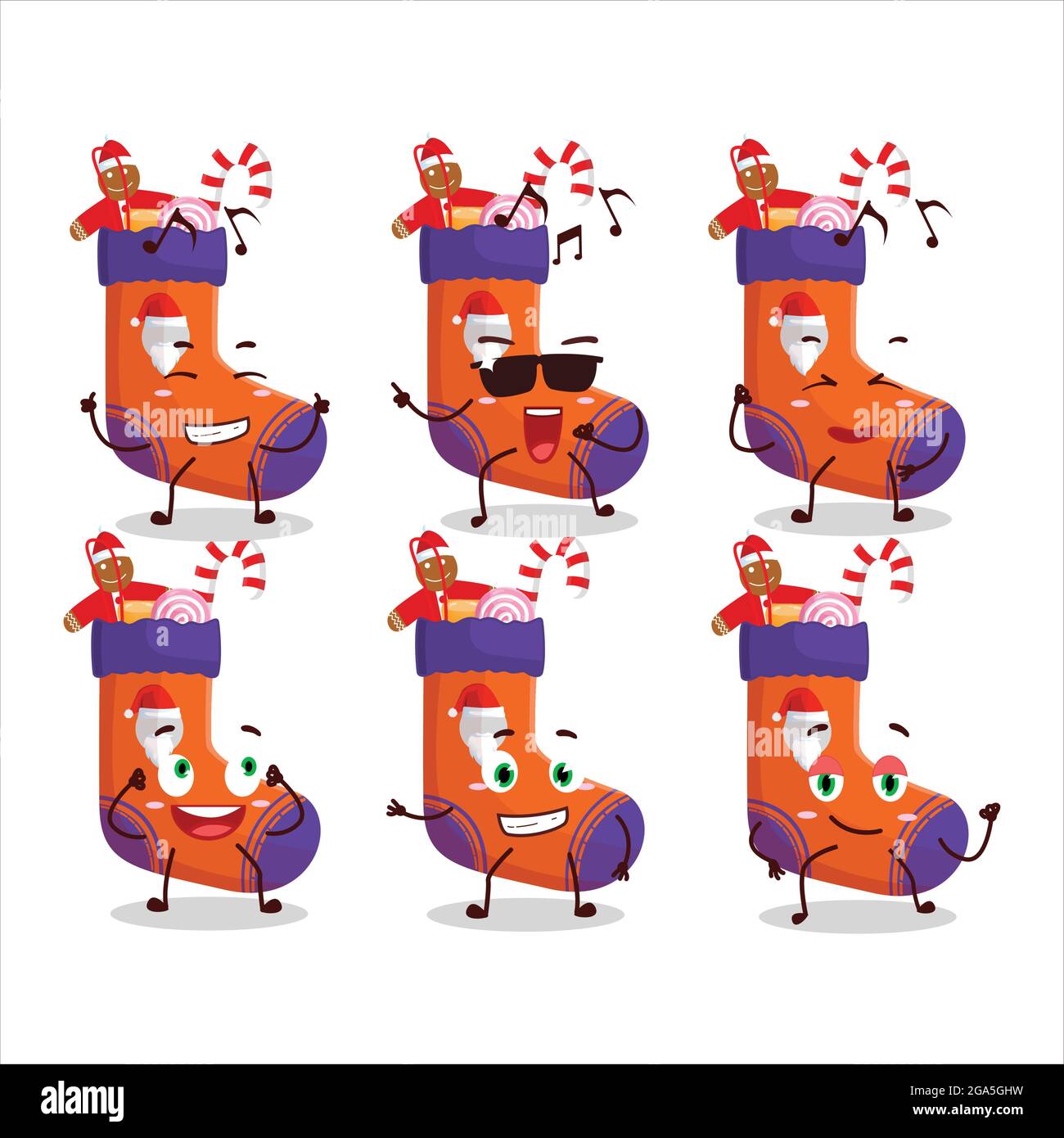 Une image de chaussettes de noël avec un personnage de dessin animé danseur de cadeau qui profite de la musique. Illustration vectorielle Illustration de Vecteur