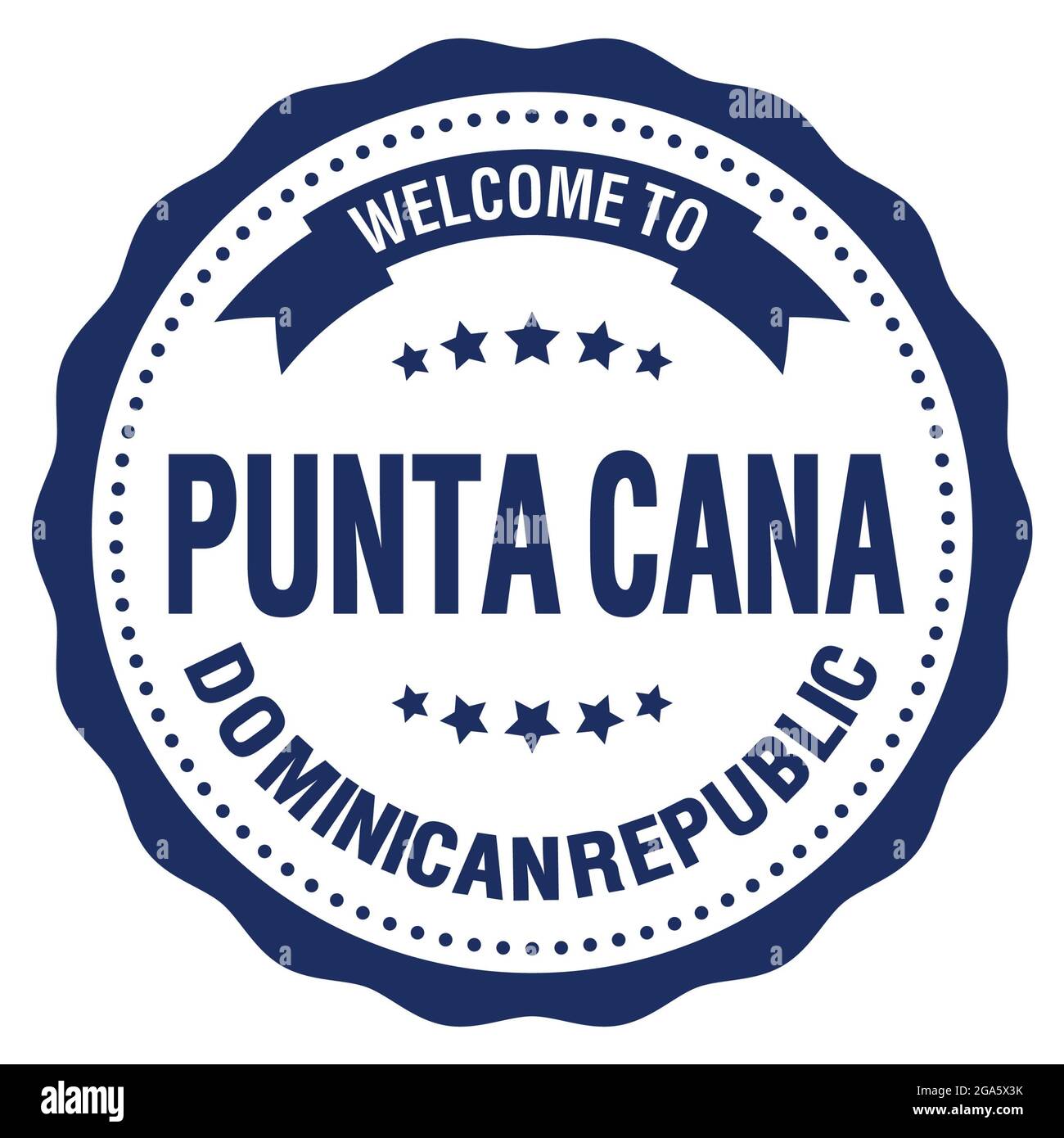 BIENVENUE À PUNTA CANA - RÉPUBLIQUE DOMINICAINE, mots écrits sur le timbre bleu rond de l'insigne Banque D'Images