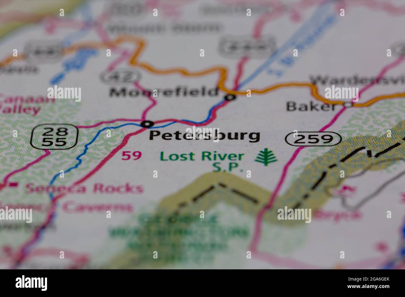 Petersburg West Virginia USA indiqué sur une carte routière ou une
