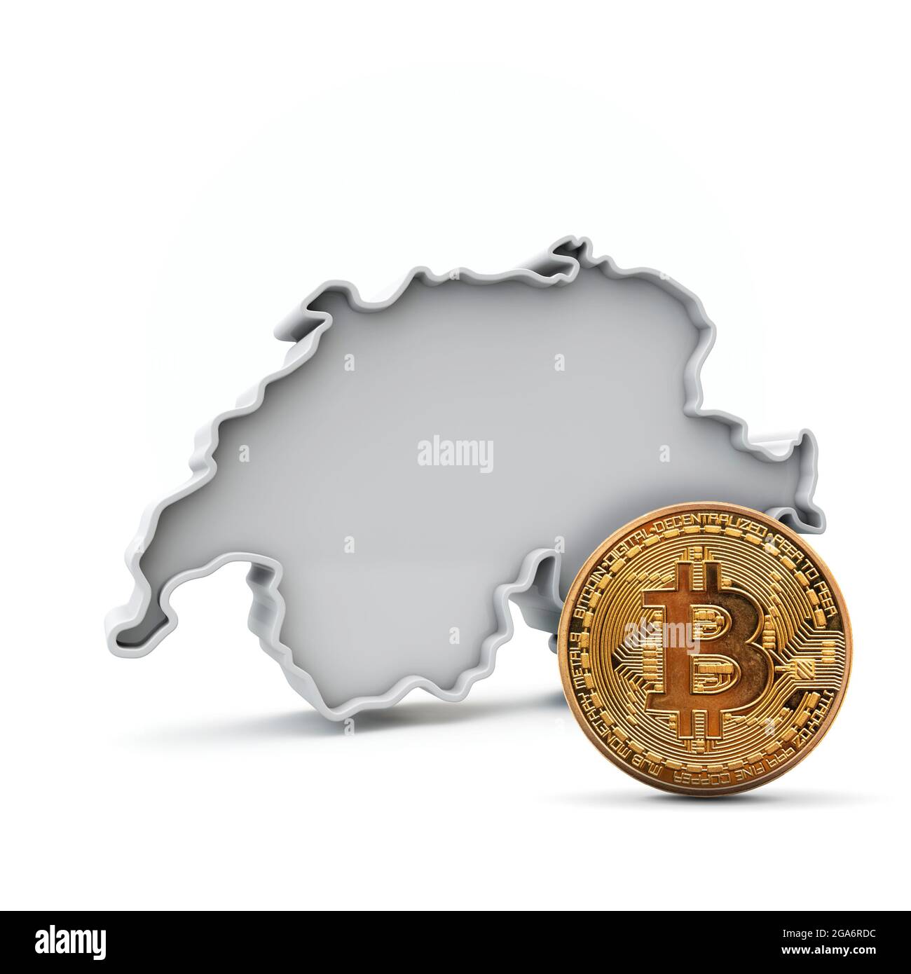 Fond de bitcoin Suisse. Pièce de monnaie crypto-monnaie avec carte. Rendu 3D Banque D'Images