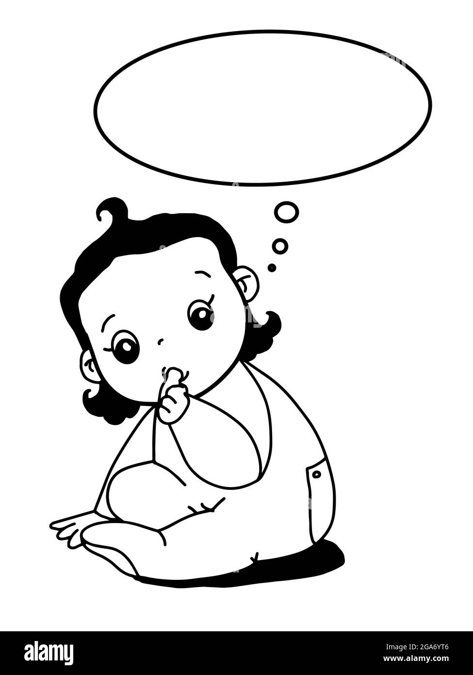 Mignon bébé, fille, personnages de dessin animé, succion de pouce, bulle de parole, noir blanc couleurs Banque D'Images