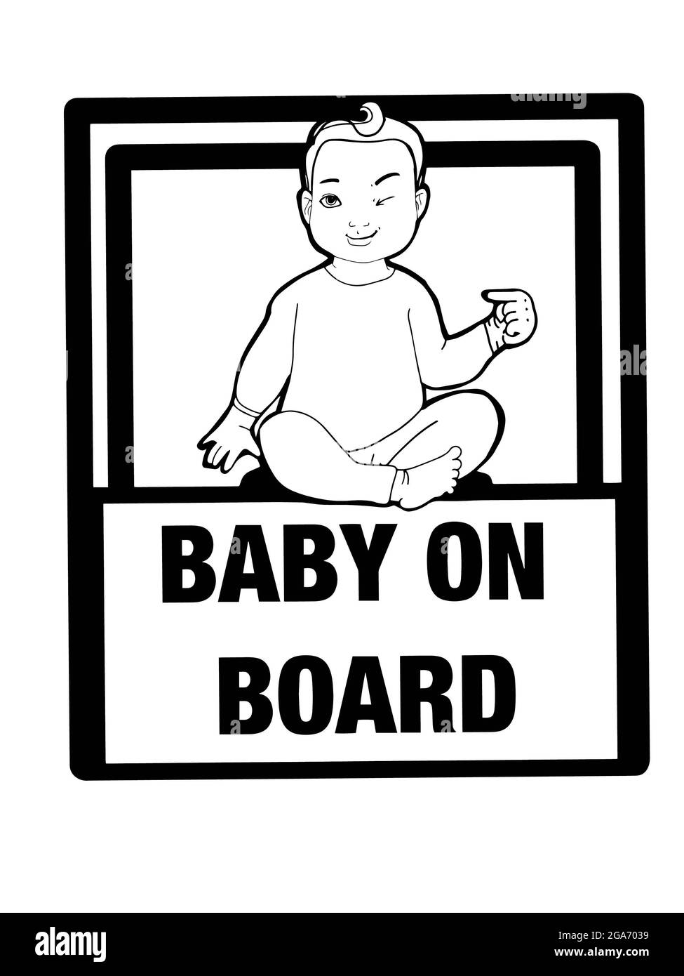 Mignon Dessin Anime Bebe A Bord Pointant Lui Meme Carte Illustration Noir Blanc Couleurs Photo Stock Alamy