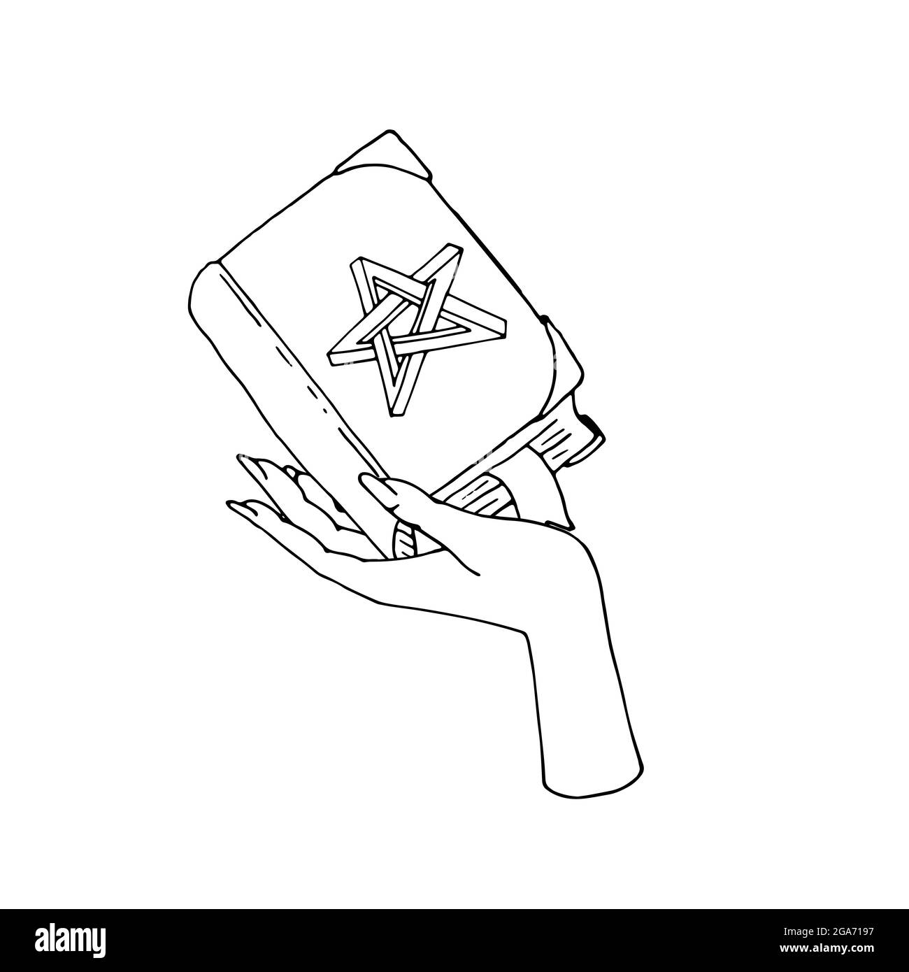 Vintage Mystic Spell Livre avec étoile impossible sur la couverture dans la main femelle Illustration de Vecteur