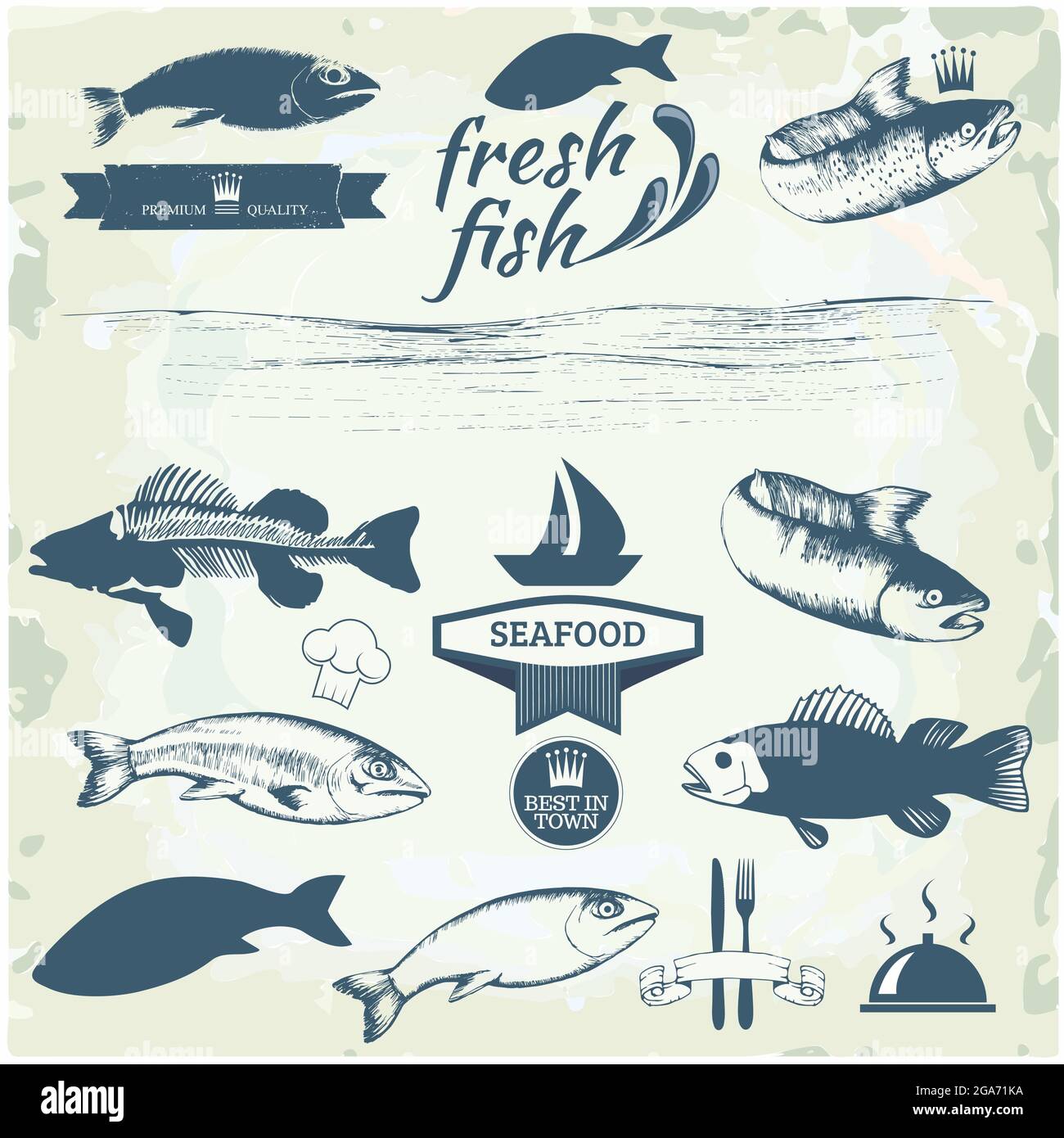 Étiquettes de fruits de mer, conception d'emballage de poisson, éléments de logo de pêche Illustration de Vecteur