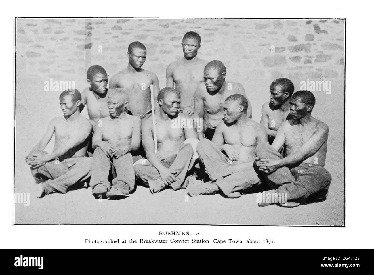 Photographié à Breakwater, le Cap 1871 dans le livre « Spectats of Bushman folklore » de Bleek, W. H. I. (Wilhelm Heinrich Emmanuel), Lloyd, Lucy Catherine, Theal, George McCall, 1837-1919 publié à Londres par G. Allen & Company, ltd. En 1911. Les San peuples (également Saan), ou Bushmen, sont membres de divers groupes indigènes de chasseurs-cueilleurs de Khoe, de Tuu ou de langue Kxʼa qui sont les premières nations de l'Afrique australe, et dont les territoires couvrent le Botswana, la Namibie, l'Angola, la Zambie, le Zimbabwe, Lesotho et Afrique du Sud. Banque D'Images