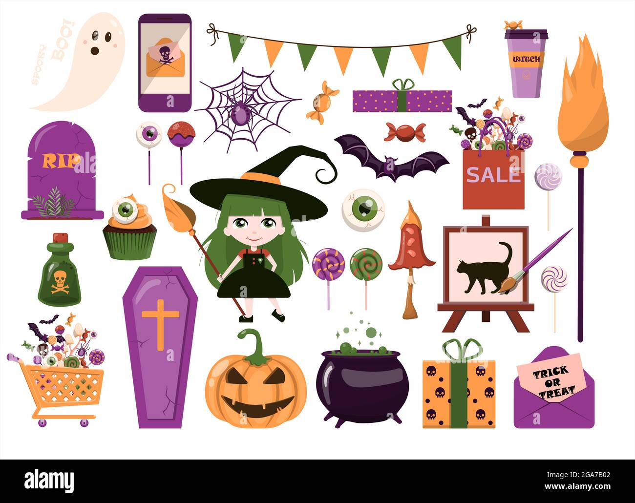 Un grand ensemble vectoriel pour Halloween. Conception plate. Modèle de dessin animé pour invitations, publicités, affiches, bannières, fêtes, cartes postales. Mignon vif Illustration de Vecteur