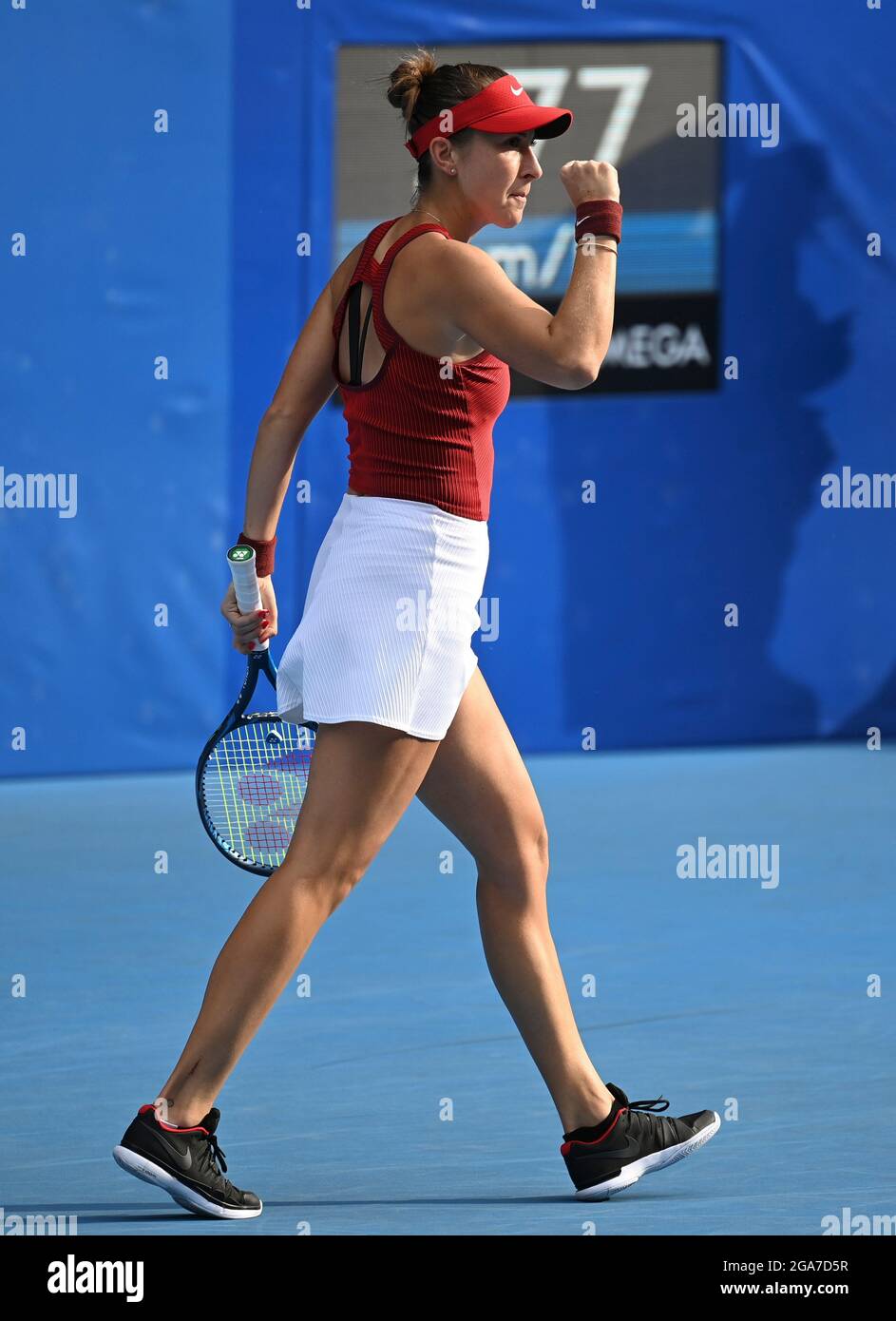Tokyo, Japon. 29 juillet 2021. Belinda Bencic, de Suisse, célèbre lors du match demi-fin des célibataires féminins de tennis contre Elena Rybakina, du Kazakhstan, des Jeux Olympiques de Tokyo 2020 au Parc de tennis Ariake à Tokyo, Japon, le 29 juillet 2021. Crédit: Dai Tianfang/Xinhua/Alamy Live News Banque D'Images