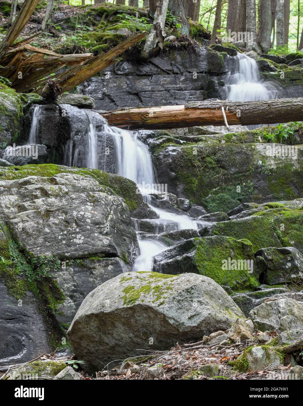 Adirondack montagnes cascade - New York State cascades - Adirondack State Park randonnée rivière Sacandaga / lac Sacandaga Mossy rochers dans les montagnes Banque D'Images