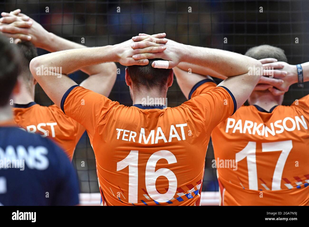 Gros plan sur un joueur de volley-ball masculin lors du Championnat du monde de volley-ball masculin 2018, Italie contre pays-Bas, à Milan. Banque D'Images