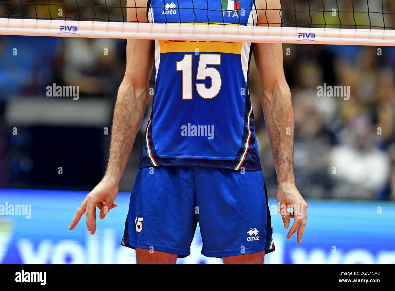 Gros plan sur un joueur de volley-ball masculin lors du Championnat du monde de volley-ball masculin 2018, Italie contre pays-Bas, à Milan. Banque D'Images