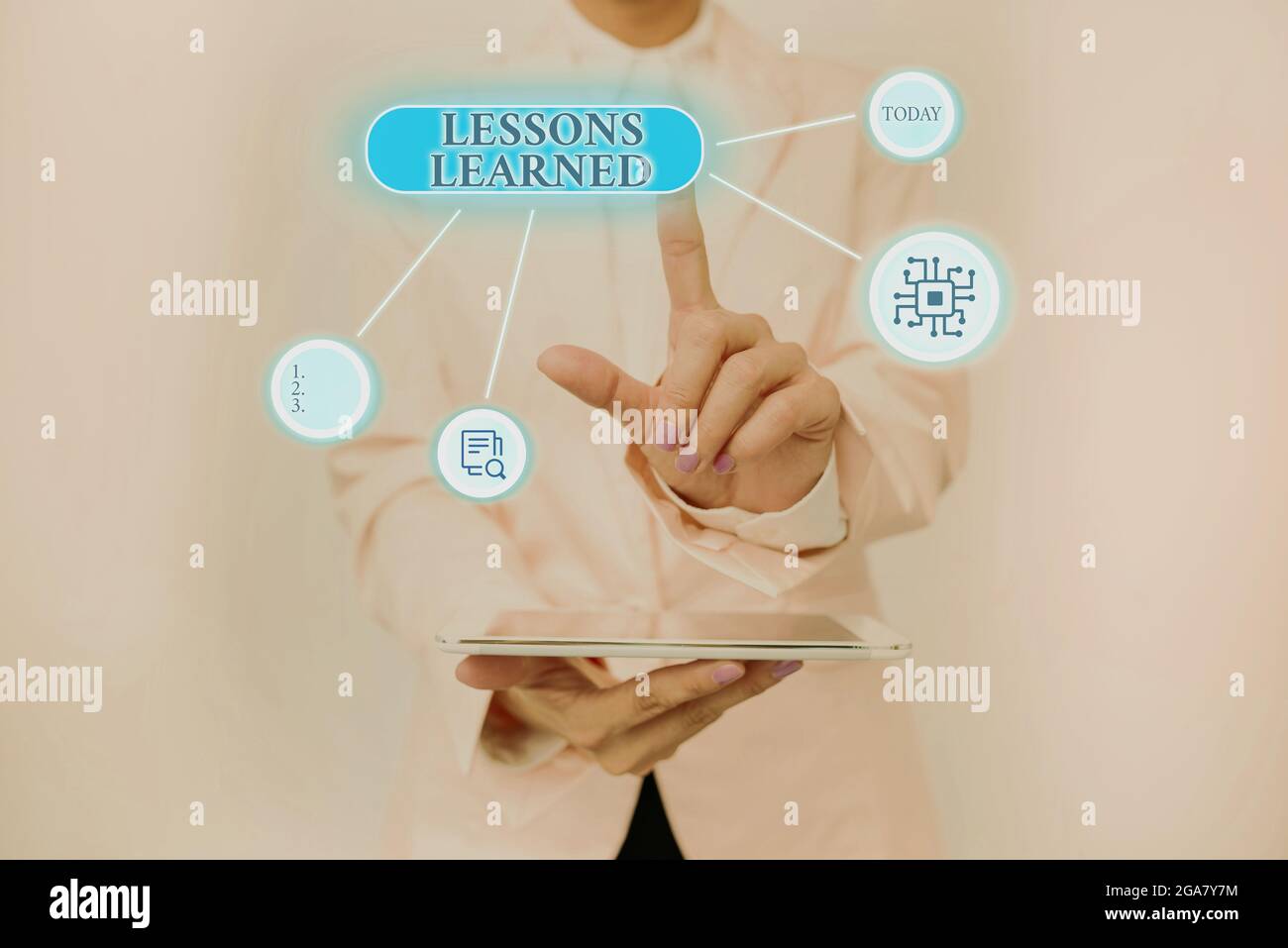 Texte montrant les leçons d'inspiration apprises. Mot écrit sur la connaissance ou la compréhension acquise par expérience Lady Holding Tablet appuyant sur virtuel Banque D'Images