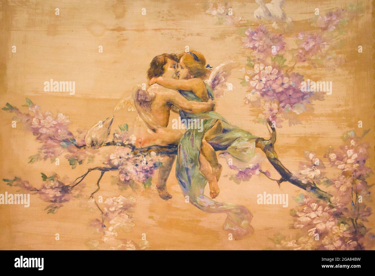 Couple d'anges sur un arbre de fleurs peinture, style classique. Banque D'Images